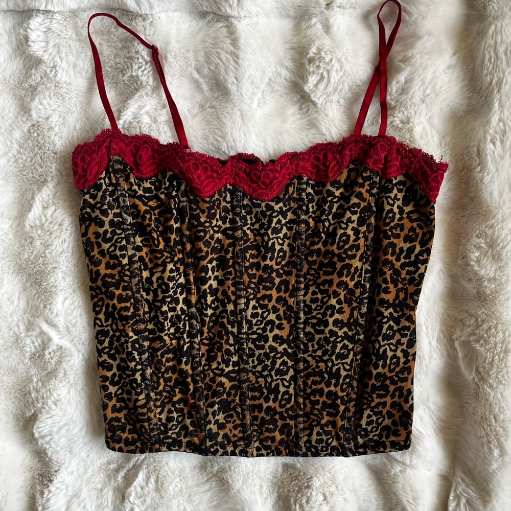 Red Lace Trim Leopard Print Cami Top